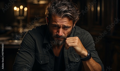 Man Sitting at Dark Room Table