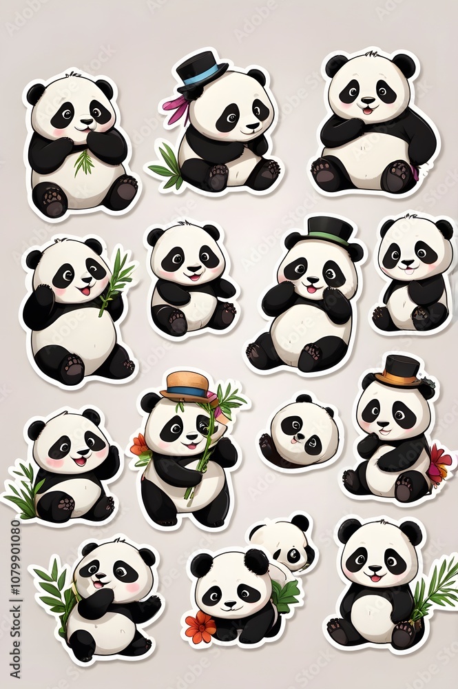 Cute Panda Bear Stickers: Adorable Collection of Cartoon Pandas in Various Poses with Hats and Accessories Cute Panda Bear Stickers: Adorable Collection of Cartoon Pandas in Various Poses with Hats and Accessories