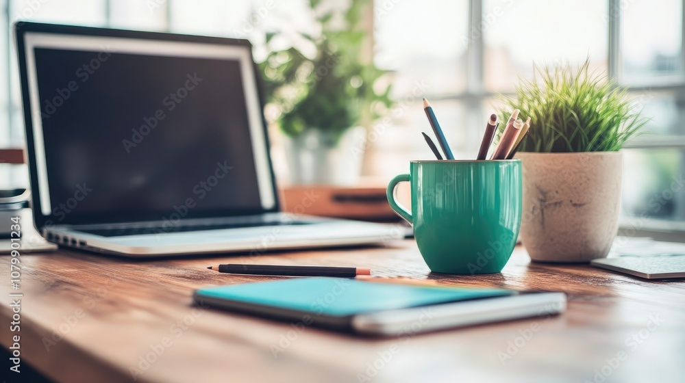 A Cozy Workspace with a Laptop, Green Mug, Potted Plant, and Notebooks on a Wooden Desk with Bright Natural Light Streaming Through the Windows A Cozy Workspace with a Laptop, Green Mug, Potted Plant, and Notebooks on a Wooden Desk with Bright Natural Light Streaming Through the Windows