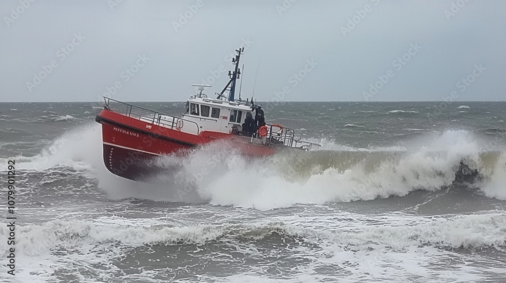 Fototapeta premium Rescue Boat Navigating Rough Sea Conditions