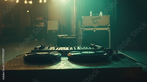 Elegant Setup of Vintage Turntables with Mood Lighting in an Empty Music Venue, Perfect for DJ Events, Parties, and Music Enthusiasts Looking for Nostalgic Vibes