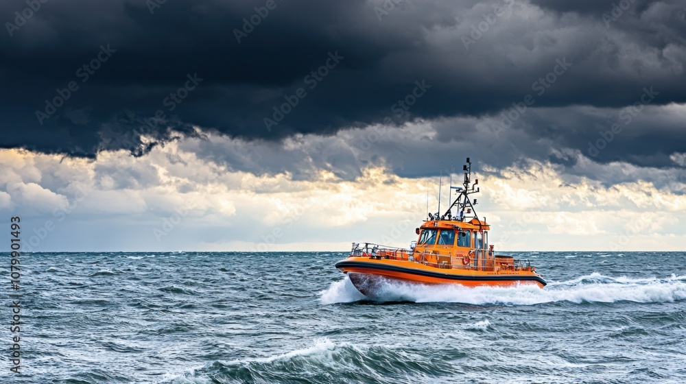 Rescue Boat Navigating Stormy Ocean Waters Rescue Boat Navigating Stormy Ocean Waters