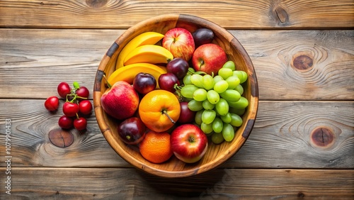 Aerial View of a Beautifully Arranged Wooden Fruit Bowl Isolated on a Clean Surface, Showcasing a Variety of Fresh Fruits in Natural Lighting for Culinary and Lifestyle Themes