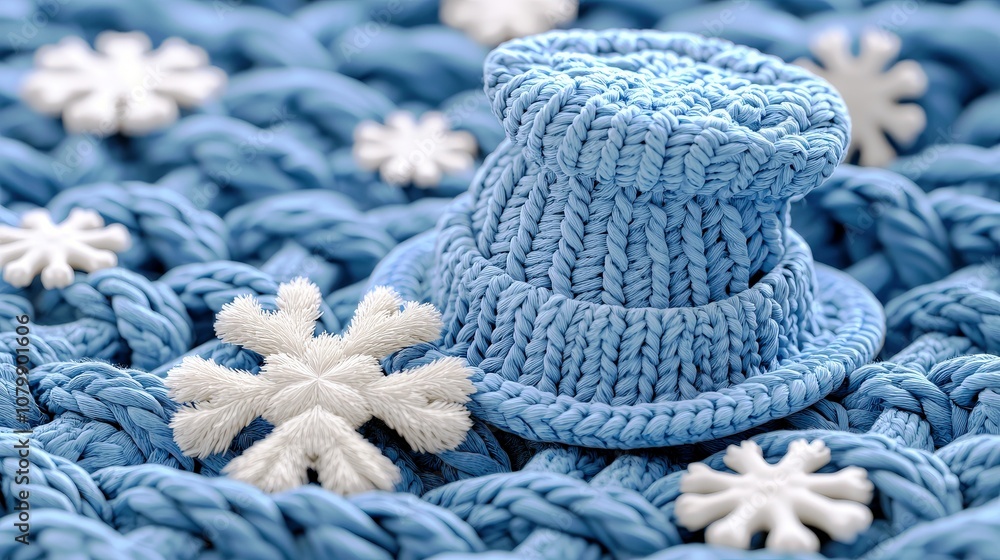 Cozy Handmade Blue Hat with White Snowflake Decorations on a Soft Textured Background, Perfect for Winter-Themed Crafts and Holiday Celebrations Cozy Handmade Blue Hat with White Snowflake Decorations on a Soft Textured Background, Perfect for Winter-Themed Crafts and Holiday Celebrations