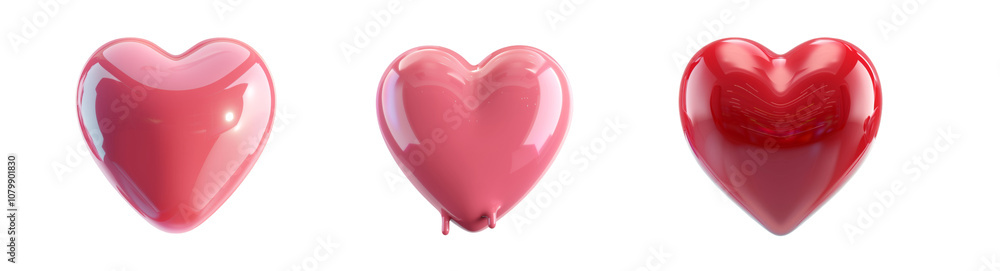 Shiny 3D heart icons in various red tones, ideal for themes of love, romance Shiny 3D heart icons in various red tones, ideal for themes of love, romance