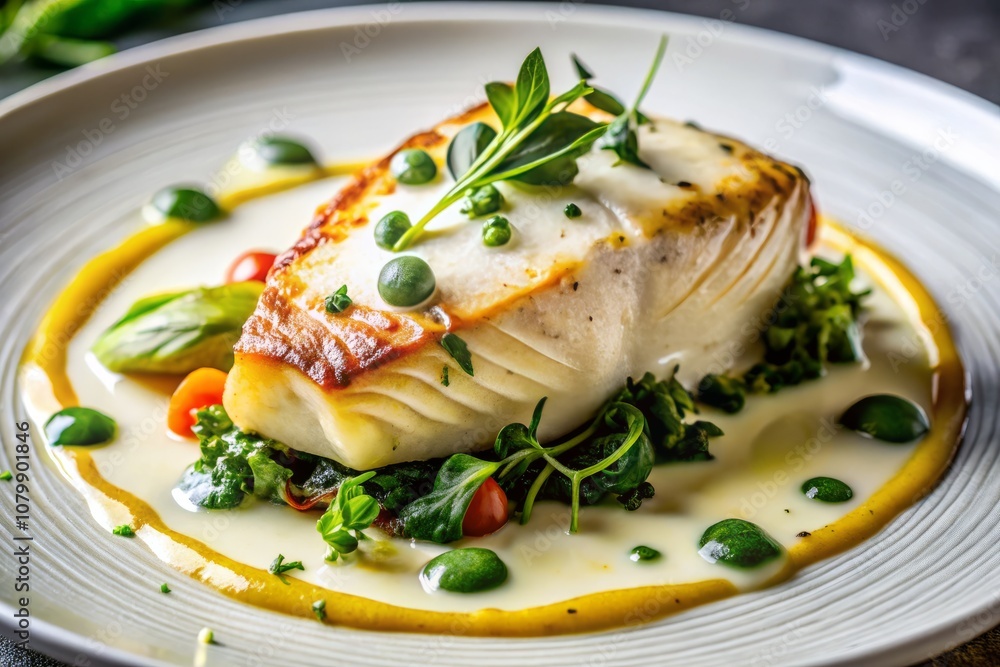 Aerial View of Delicious Cooked White Fish Filet Garnished with Fresh Greens and Drizzled with Creamy Cheese Sauce - Perfect for Restaurant Menu Photography Aerial View of Delicious Cooked White Fish Filet Garnished with Fresh Greens and Drizzled with Creamy Cheese Sauce - Perfect for Restaurant Menu Photography