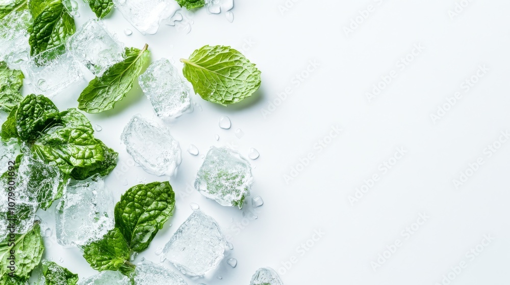 Obraz premium 21.A crisp, refreshing image of vibrant green peppermint leaves placed alongside glistening ice cubes, set against a pure white background. The sharp edges of the ice contrast with the soft, delicate