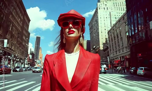 an model wearing a fashion outfit runway, walking on a New York street. 