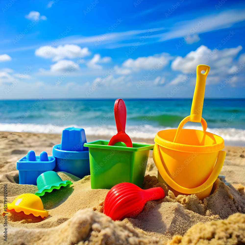 Bright plastic childrens toys in the sand Concept of beach recreation for children Bright plastic childrens toys in the sand Concept of beach recreation for children