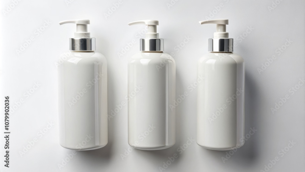 Aerial View of Three Blank Pump Bottles on a Minimalist White Background for Effective Branding and Product Design Mockups in Marketing and Advertising Strategies Aerial View of Three Blank Pump Bottles on a Minimalist White Background for Effective Branding and Product Design Mockups in Marketing and Advertising Strategies