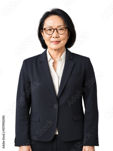 Middle-aged East Asian woman with glasses, calm and confident, wearing blazer, soft lighting, transparent background.