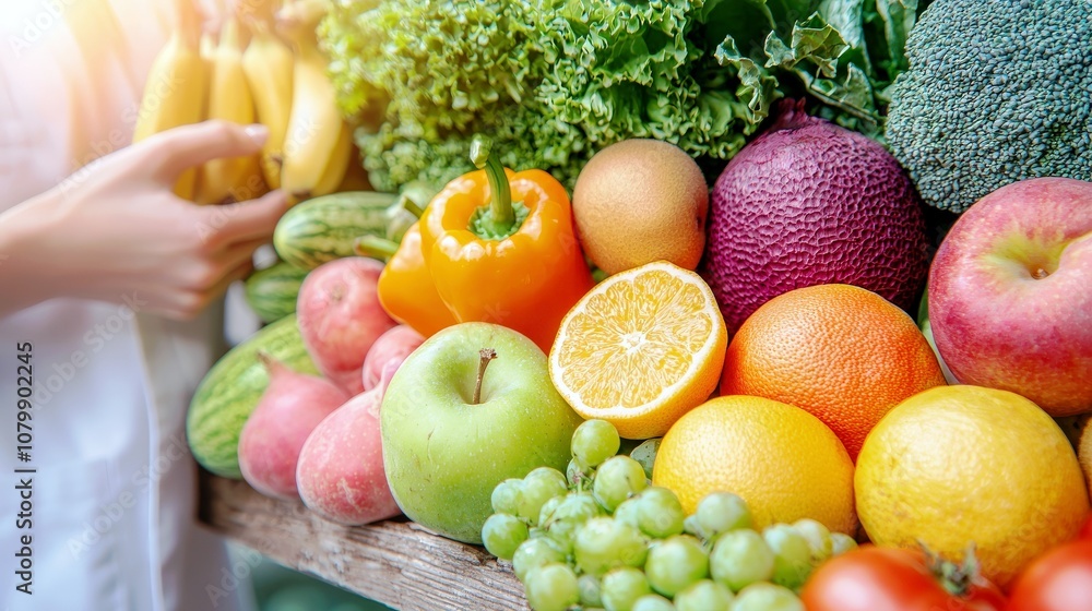 Fresh and Colorful Fruits and Vegetables Displayed at a Marketplace with a Hand Reaching for Bananas, Emphasizing Natural and Healthy Choices for Consumers Fresh and Colorful Fruits and Vegetables Displayed at a Marketplace with a Hand Reaching for Bananas, Emphasizing Natural and Healthy Choices for Consumers