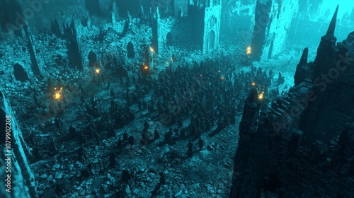 Epic Dark Fantasy Battle Scene in Ruined Castle Courtyard - Ultra-Detailed 3D Render with Shadowy Figures and Flickering Torches