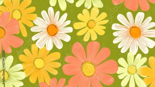 Wallpaper Mural 74.A retro-inspired design featuring hand-drawn daisy flowers in a seamless pattern, with groovy 70s color schemes like lime green, coral, and mustard. The abstract floral shapes flow together in a Torontodigital.ca