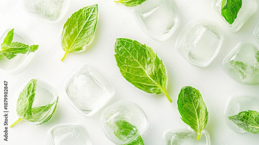 Obraz premium 22.A fresh top-down view of bright green peppermint leaves resting on smooth, clear ice cubes. The leaves' natural veins and the transparency of the ice create a striking contrast against the white