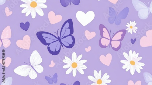 97.A fun and whimsical Y2K-inspired pattern featuring butterflies, daisy flowers, and hearts arranged in a seamless design. The retro lilac and pink color palette evokes a cute, trippy 2000s vibe,