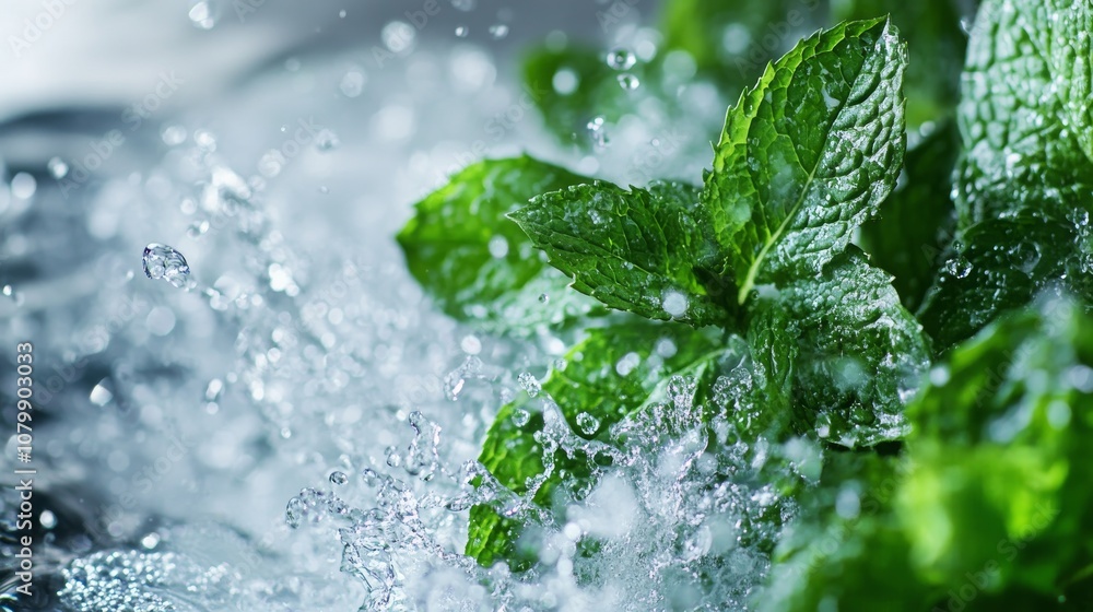51.Fresh green mint leaves appear to float in mid-air, surrounded by crystal-clear splashes of water, frozen in motion. The droplets sparkle against a white background, highlighting the vibrancy and 51.Fresh green mint leaves appear to float in mid-air, surrounded by crystal-clear splashes of water, frozen in motion. The droplets sparkle against a white background, highlighting the vibrancy and