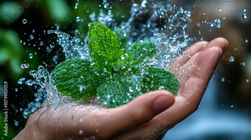 4.A hand cupping a vibrant bunch of green mint leaves, with a burst of water splashing upward from the mint. The droplets are frozen mid-motion, creating a visually stunning effect that emphasizes photo