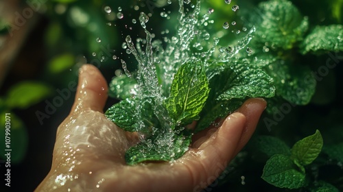 4.A hand cupping a vibrant bunch of green mint leaves, with a burst of water splashing upward from the mint. The droplets are frozen mid-motion, creating a visually stunning effect that emphasizes photo