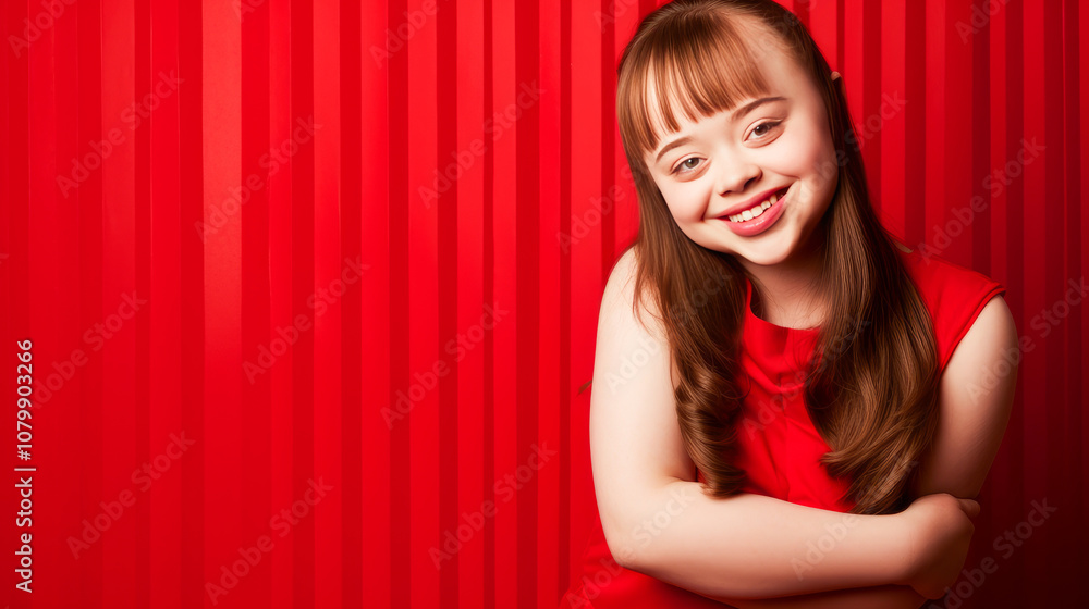 Portrait of smiling laughing teenage girl with Down syndrome red background. Portrait of smiling laughing teenage girl with Down syndrome red background.