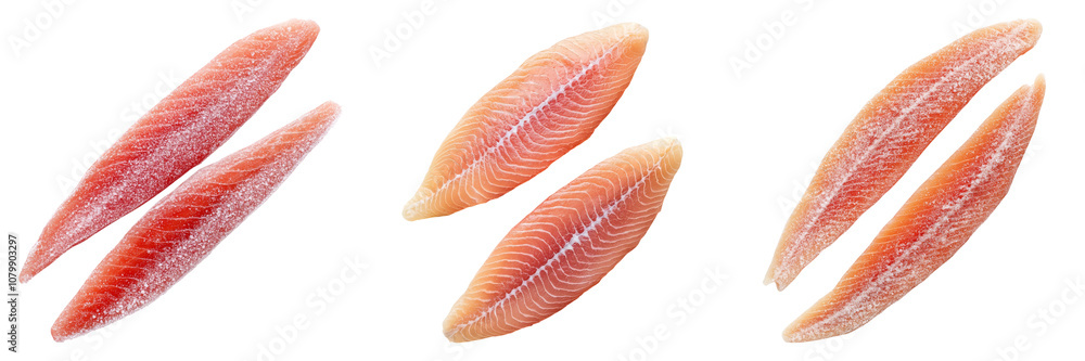 A set of frozen food is ready to eat. Slices of fish fillet displayed in three arrangements, showcasing the smooth texture and natural pink coloration. A set of frozen food is ready to eat. Slices of fish fillet displayed in three arrangements, showcasing the smooth texture and natural pink coloration.