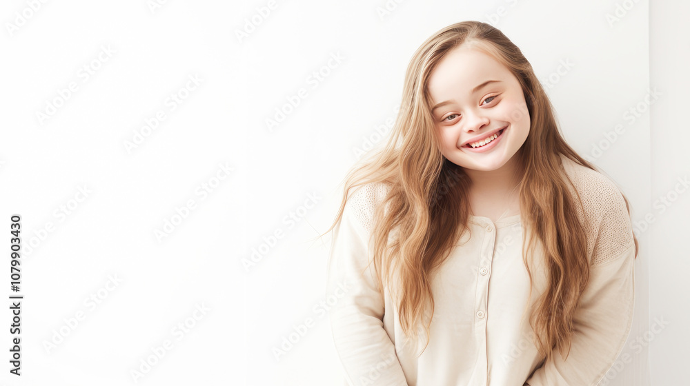 Portrait of smiling laughing teenage girl with Down syndrome white background. Portrait of smiling laughing teenage girl with Down syndrome white background.