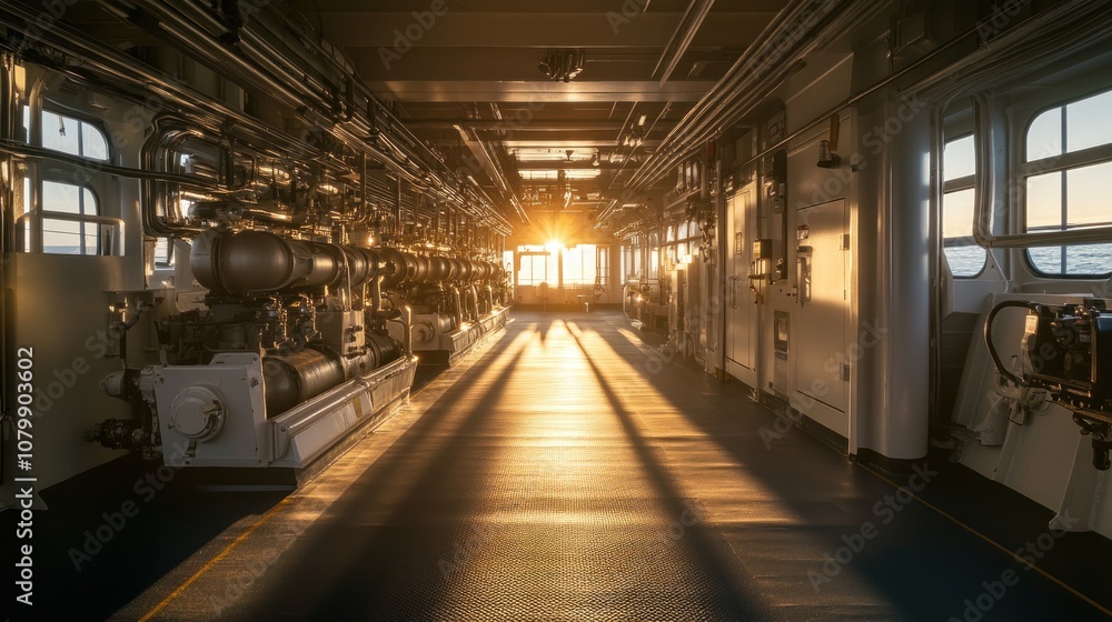 The sun shines through a ship's engine room, illuminating the machinery. The sun shines through a ship's engine room, illuminating the machinery.