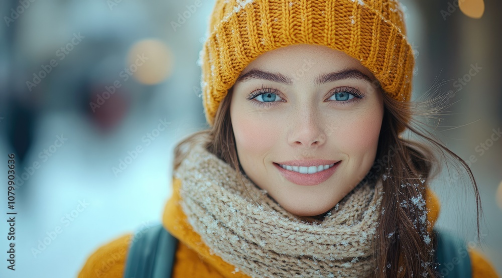 Smiling woman in a yellow knitted hat and scarf in the snow. Smiling woman in a yellow knitted hat and scarf in the snow.