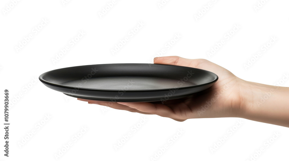Hand holding an empty black plate on white transparent background
Hand holding an empty black plate on white transparent background