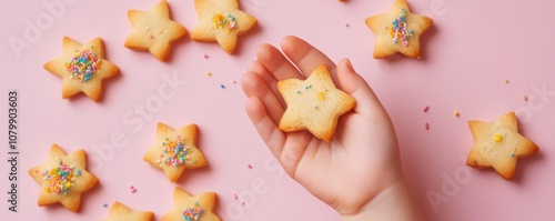 Hand of Kid holding Star shaped cookies on pink background,Valentine's Day,National Cookie Day,Month concept,banner, placard, card, and poster design template with text inscription.