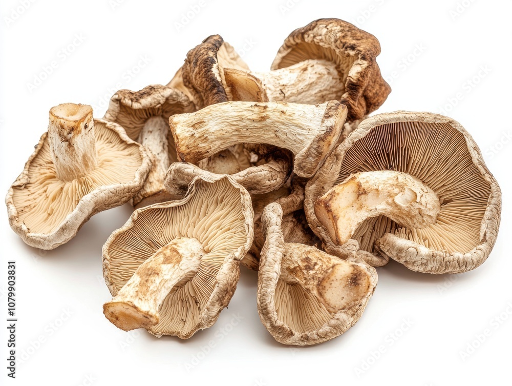 A pile of dried shiitake mushrooms arranged on a white background. A pile of dried shiitake mushrooms arranged on a white background.