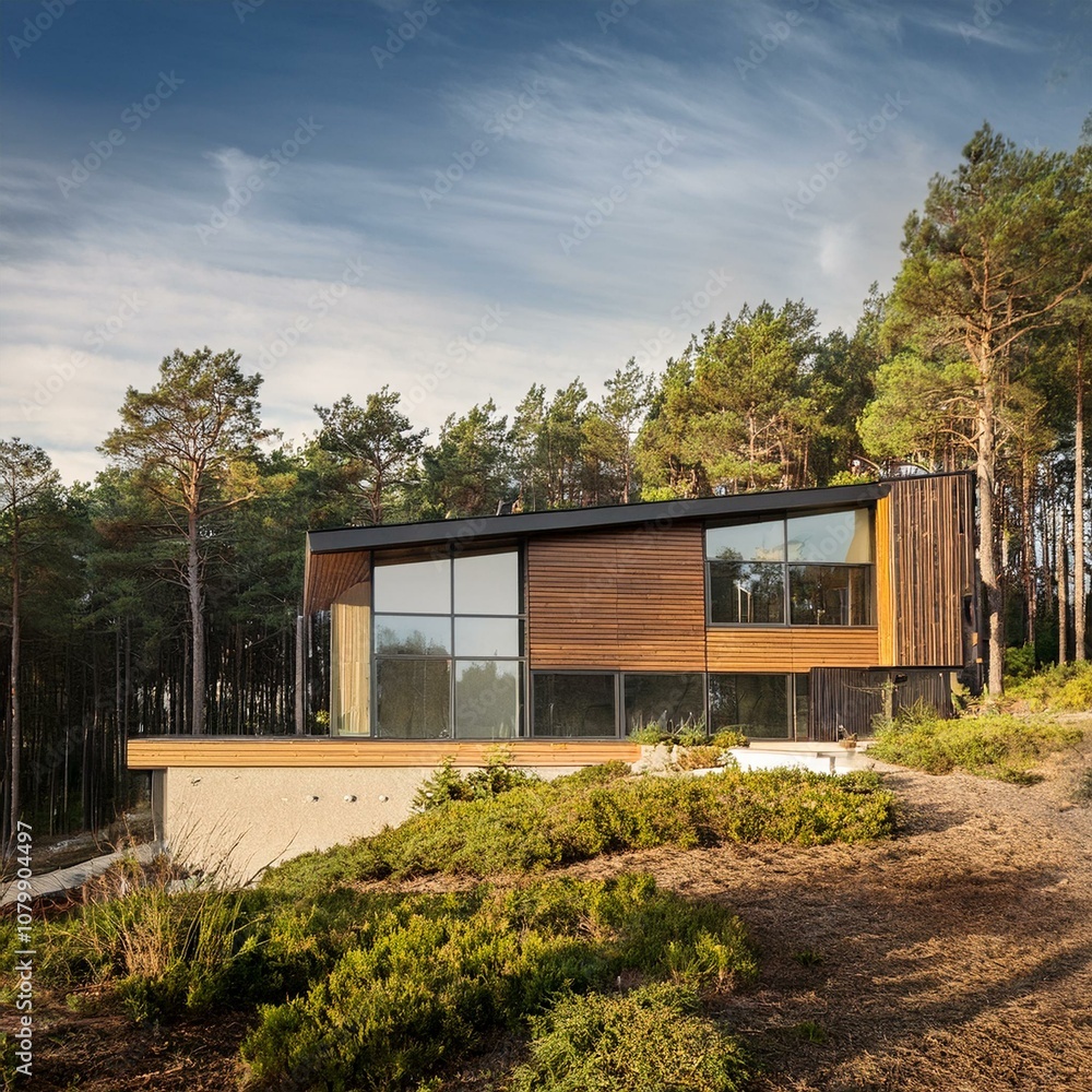 Modern Wood and Glass House in Forest Setting Modern Wood and Glass House in Forest Setting