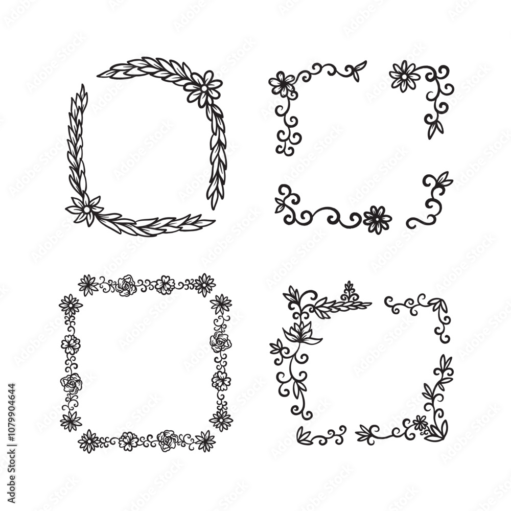 Obraz premium Flower ornament decorative frames illustration drawing set isolated on square white background. Simple flat outlined black and white cartoon art styled drawing.