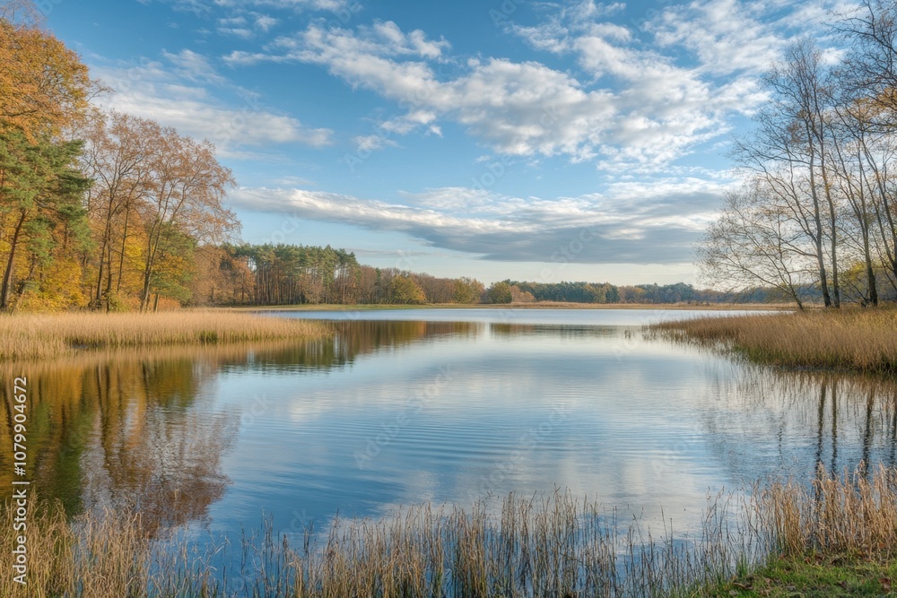 Fototapeta premium Calm lake with autumn colors reflected in water.