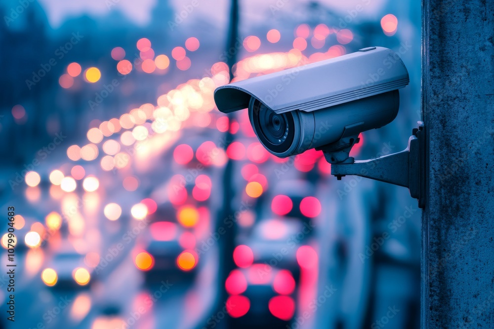 City Surveillance Camera Overseeing Urban Night Traffic Bokeh Lights in Modern Metropolis City Surveillance Camera Overseeing Urban Night Traffic Bokeh Lights in Modern Metropolis