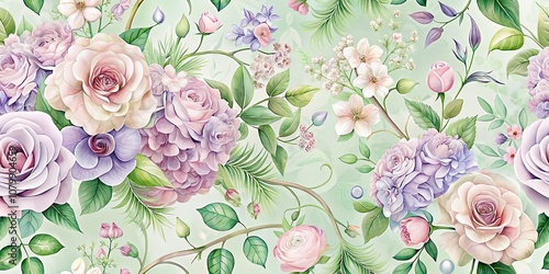 A Watercolor Floral Pattern with Delicate Roses, Hydrangeas, and White Flowers on a Soft Mint Background