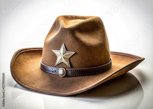 Close-Up of a Brown Western Sheriff Cowboy Hat with Star Prop on White Background - Minimalist Photography for Western Themes and Cowboy Culture photo