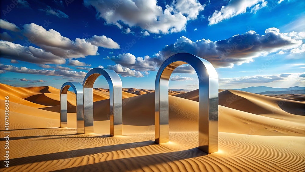 A Row of Mirrored Arches Stand Tall Against a Backdrop of Sandy Dunes and Blue Skies A Row of Mirrored Arches Stand Tall Against a Backdrop of Sandy Dunes and Blue Skies