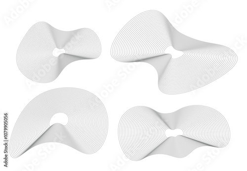Set of linear fluid shapes vector design. Abstract flowing wavy smooth stripes line circle rings. Digital sound frequency track and voice equalizer speaker. blend lines. 