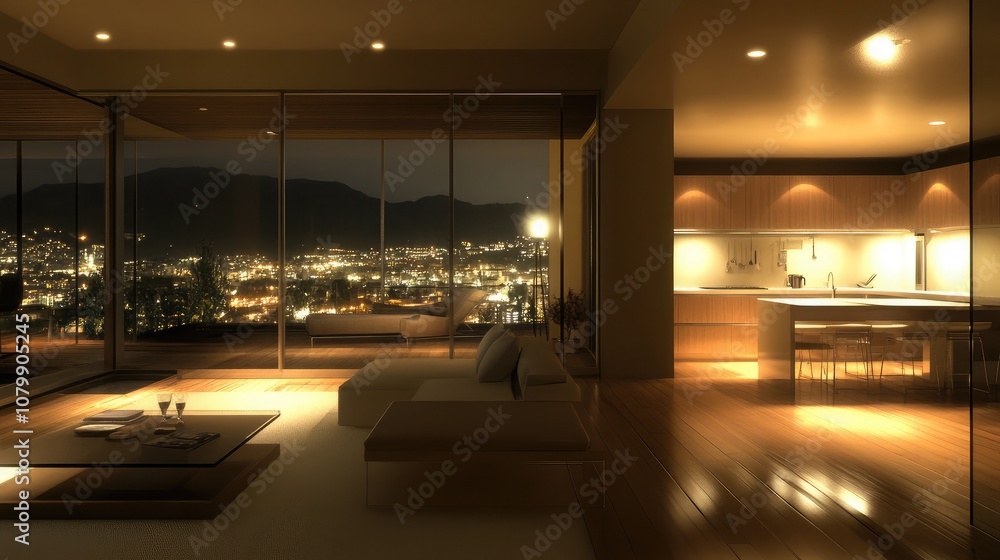 Modern luxury apartment interior at night with panoramic city view, warm lighting, sleek furniture, and inviting atmosphere ideal for relaxation or entertaining guests Modern luxury apartment interior at night with panoramic city view, warm lighting, sleek furniture, and inviting atmosphere ideal for relaxation or entertaining guests