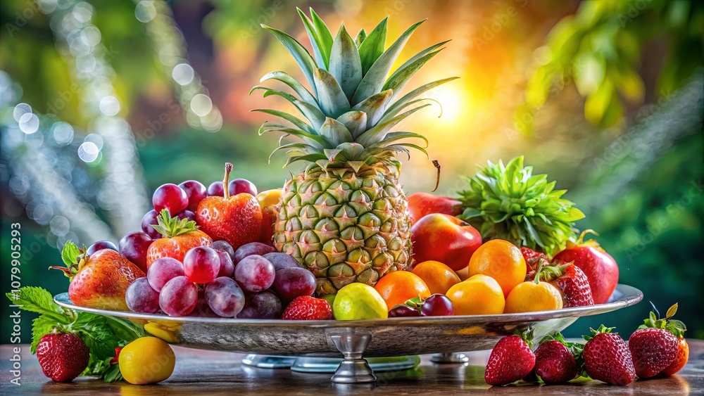 A silver platter overflowing with a vibrant medley of fresh fruits, including pineapple, strawberries, grapes, and nectarines, all arranged beautifully against a sunlit natural backdrop. A silver platter overflowing with a vibrant medley of fresh fruits, including pineapple, strawberries, grapes, and nectarines, all arranged beautifully against a sunlit natural backdrop.