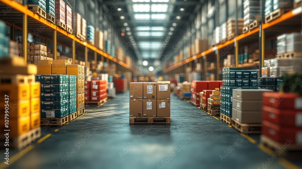 Warehouse interior filled with stacked boxes and pallets. Warehouse interior filled with stacked boxes and pallets.