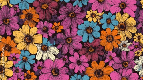 Wallpaper Mural 75.A whimsical pattern of hand-drawn daisies in an abstract, groovy style, featuring vibrant colors reminiscent of the 60s and 70s. The bold, swirling floral shapes and retro hues like magenta, Torontodigital.ca