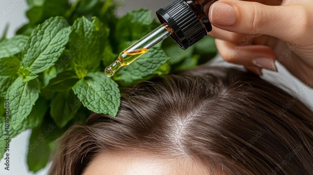 Obraz premium 40.A woman carefully applying peppermint essential oil to her scalp using a dropper, with emphasis on the natural treatment of female pattern baldness. The vibrant green mint leaves nearby highlight