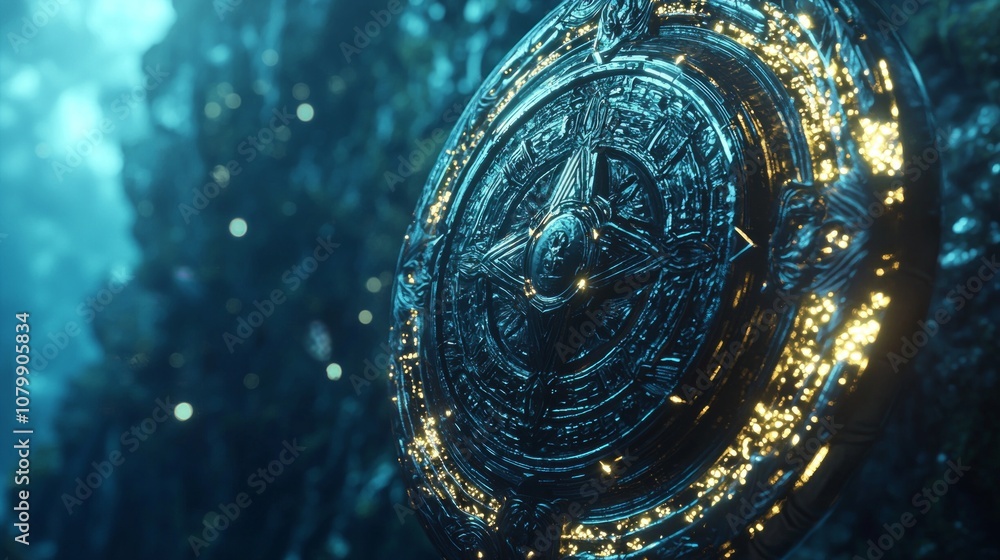 Mystic Shield of Power: Intricately Designed Fantasy 3D Render with Glowing Edges for Protection in a Mysterious Setting Mystic Shield of Power: Intricately Designed Fantasy 3D Render with Glowing Edges for Protection in a Mysterious Setting