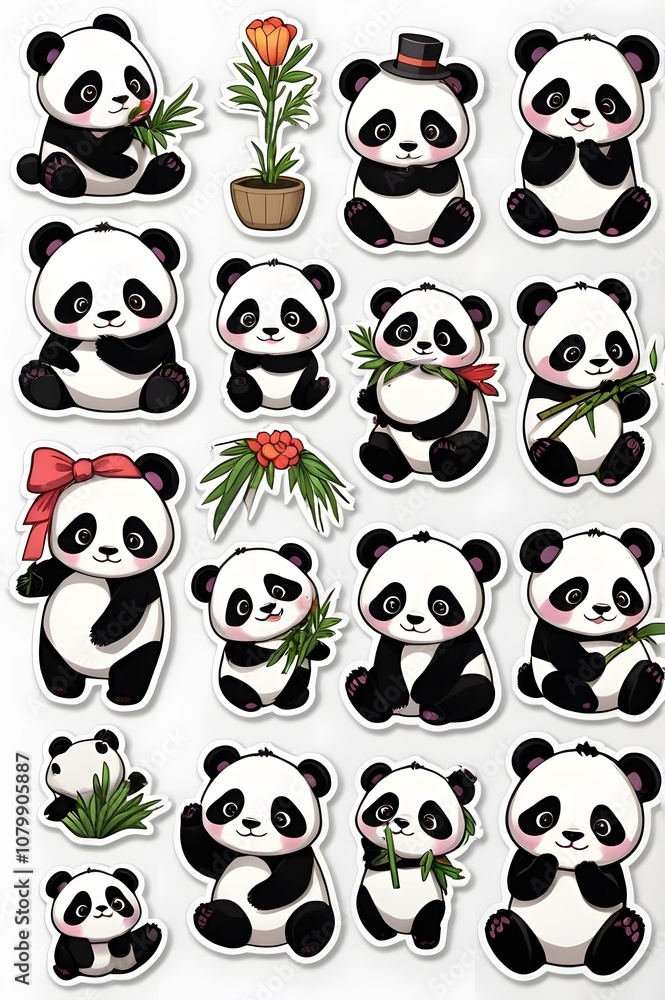 Obraz premium Cute Panda Stickers: Adorable Illustrations of Pandas with Bamboo and Flowers