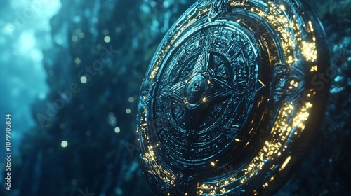 Mystic Shield of Power: Intricately Designed Fantasy 3D Render with Glowing Edges for Protection in a Mysterious Setting