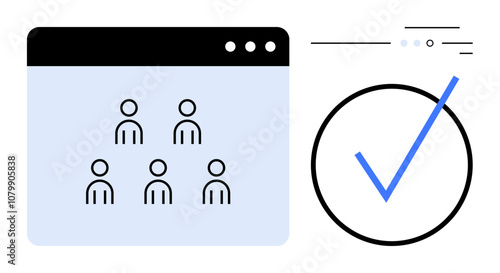 Browser window with six user icons representing team collaboration and large blue checkmark conveying task completion. Ideal for team management, task tracking, project planning, productivity tools