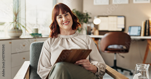 Woman, therapist portrait and checklist for counselling, help and clipboard for support in office. Psychologist, healthcare and happy for advice, listen or empathy for mental health consultation photo