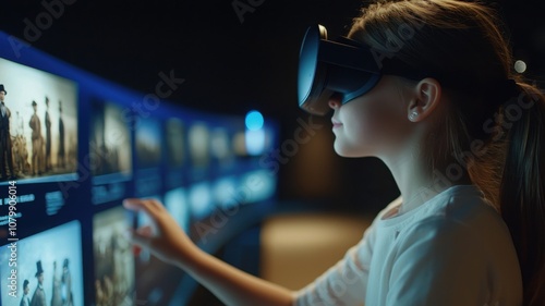 Education technology with gamification concept. A young girl wearing a VR headset interacts with a wall of digital images, exploring a futuristic exhibition or museum setting.